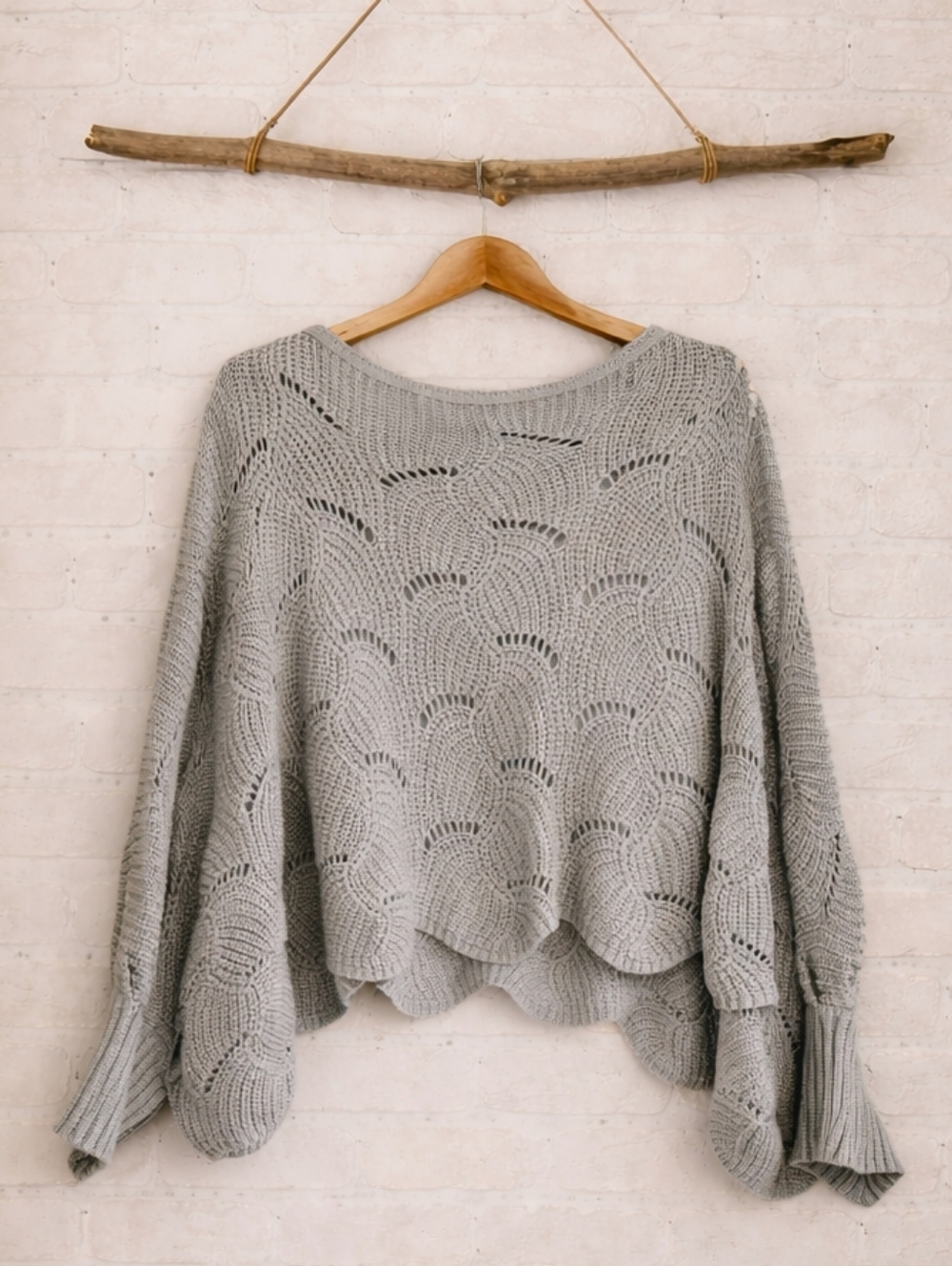 Moon & madison Sage Green Open-Knit Scallop Hem Sweater Size XS
